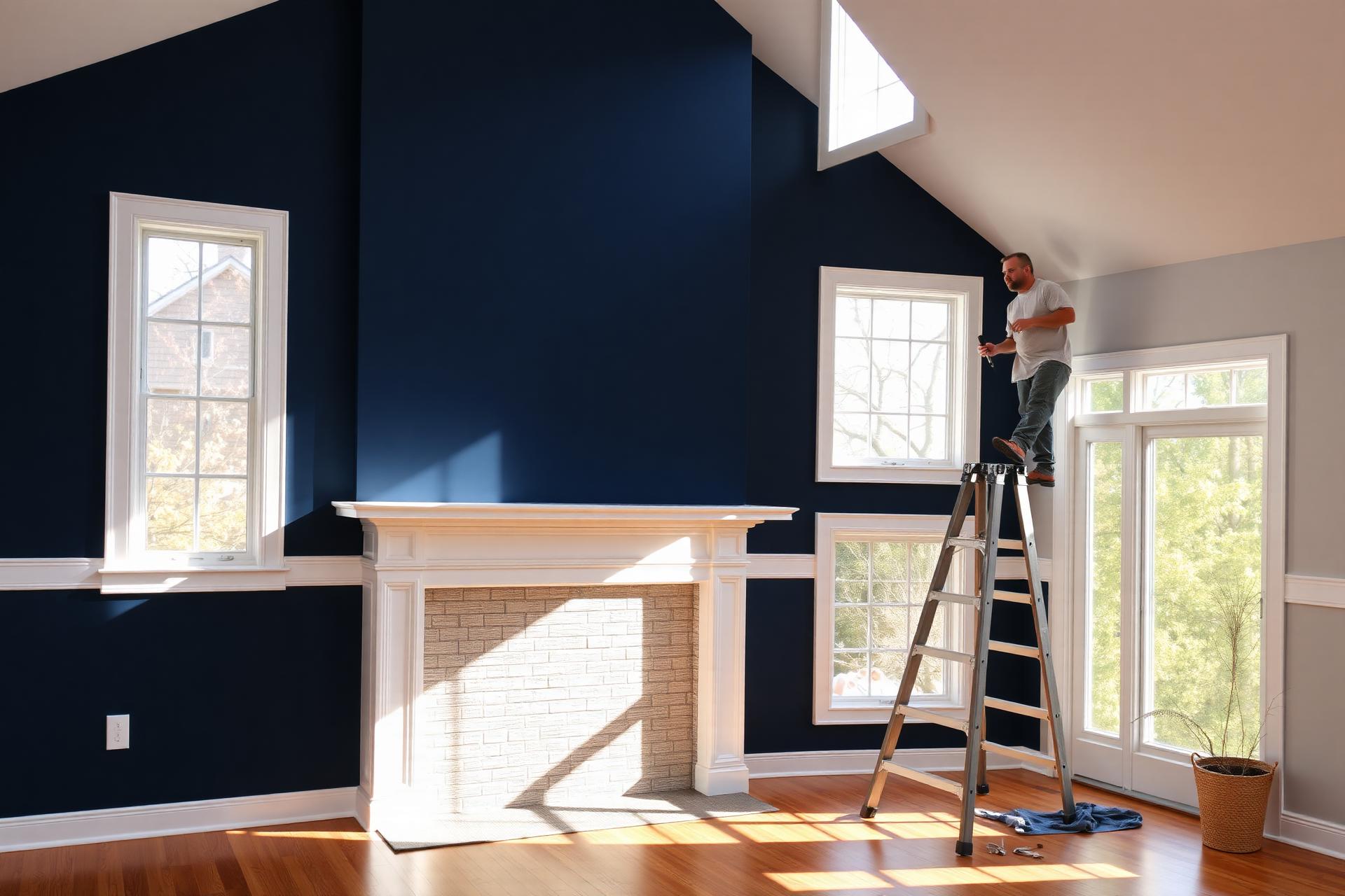 Freshly painted interior with deep navy accent wall and crisp white trim